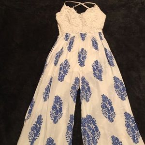 Fabulous Blue And White Backless Jumpsuit